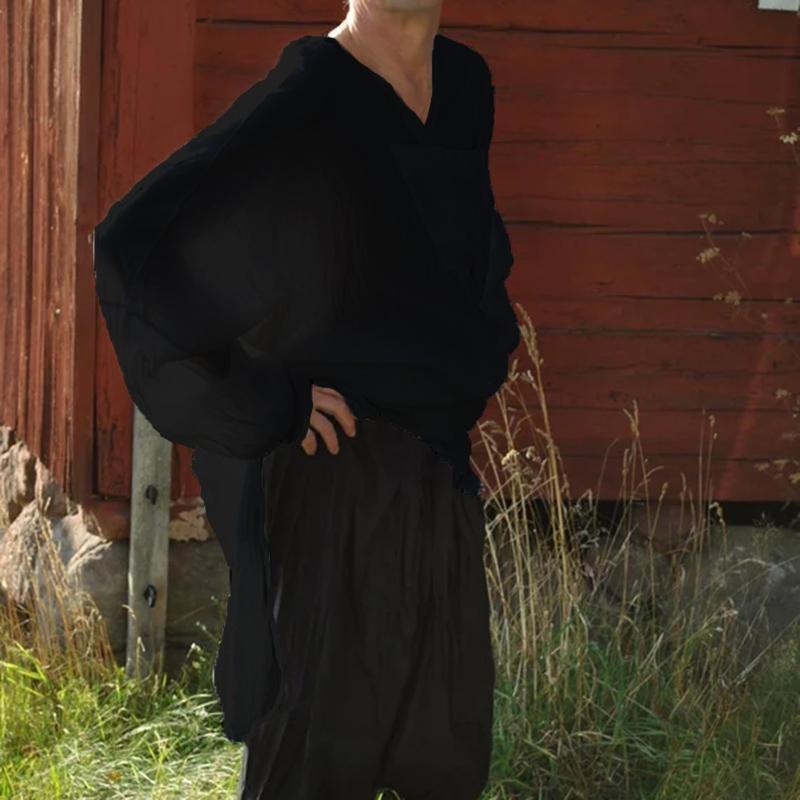 Camisa de lino liviana urbana con cuello en V y manga larga suelta urbana para hombre