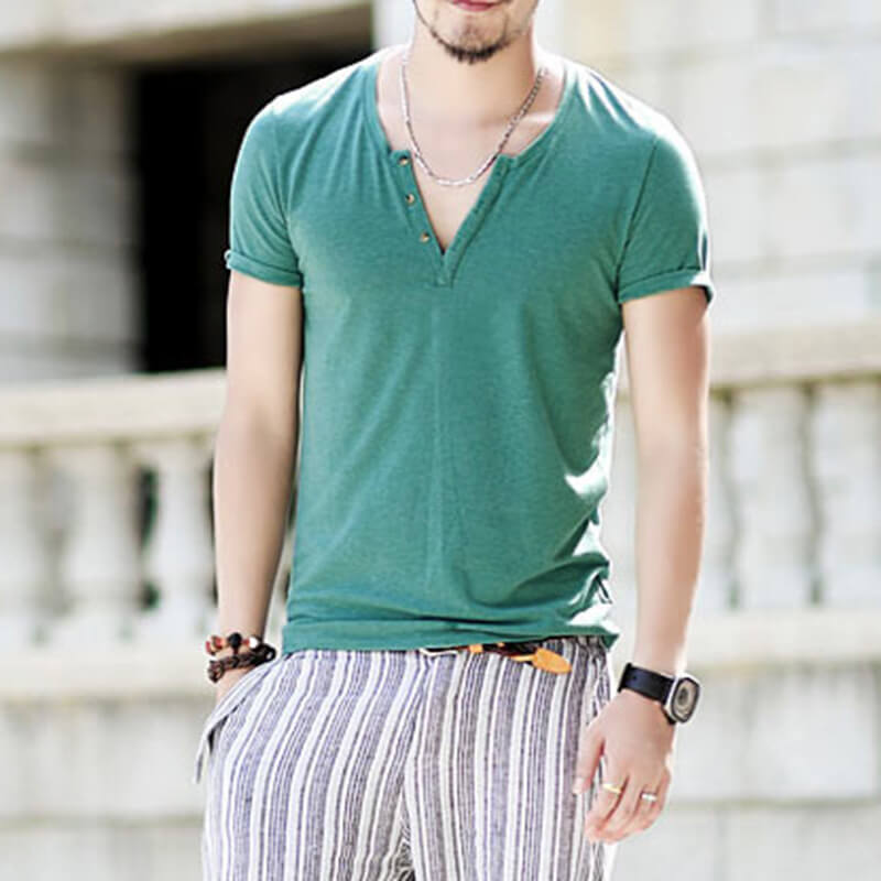 Men&#39;s Summer Cool Comfy Henley Collar Slim Short Sleeve Cotton T-Shirts