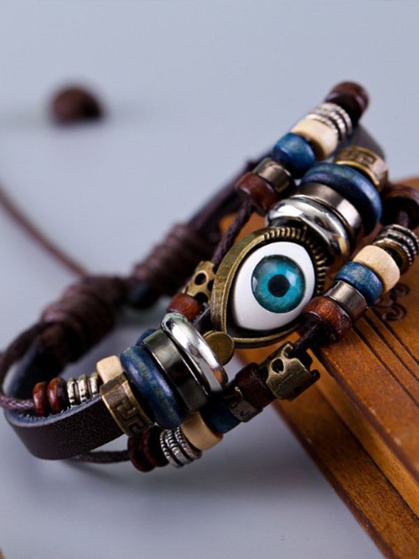 Pulsera de piel de vaca tejida multicapa para mujer