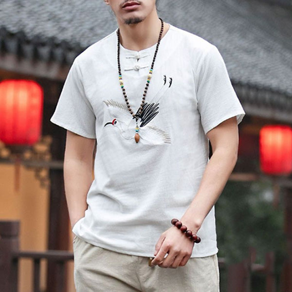 Camiseta de manga corta y lino con bordado de grulla para hombre