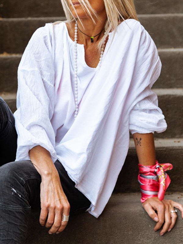 Camisa de manga larga de color puro con escote en V y camisa holgada