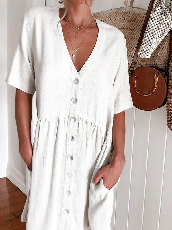 Vestido de botones con minivestido con cuello en v y bolsillo