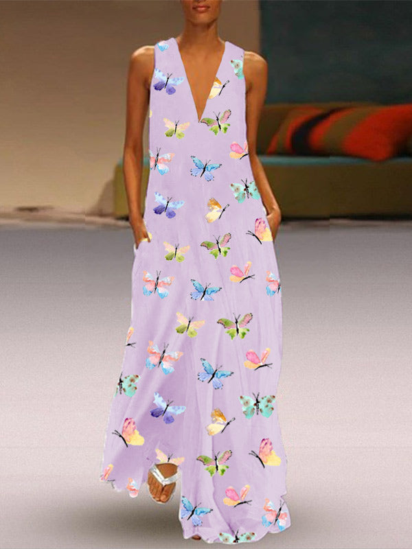 Para las mujeres, un vestido profundo con cuello y estampado de mariposa