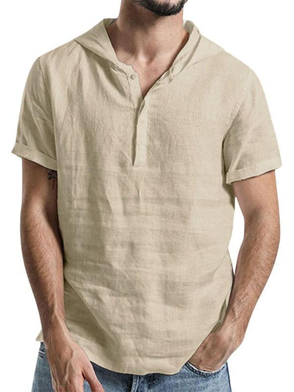 Camisa de lino de algodón de pelo corto para hombres con capucha
