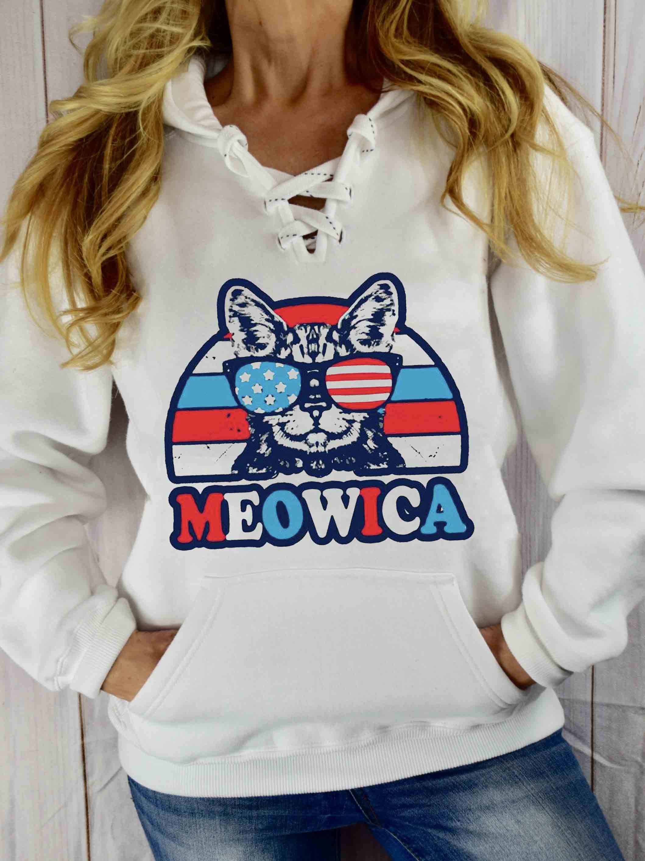 Independence Day Meowica Print Spitzen Hoodie
