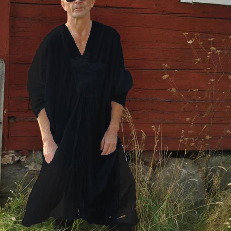 Camisa de lino liviana urbana con cuello en V y manga larga suelta urbana para hombre