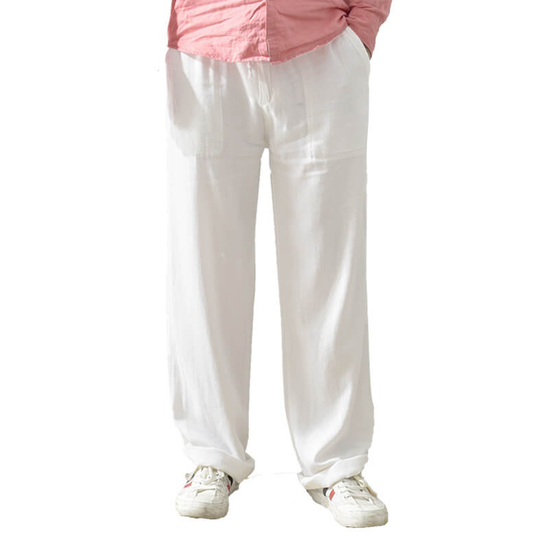 Cordones informales, transpirables y sueltos para hombres, pantalones ligeros de lino natural.