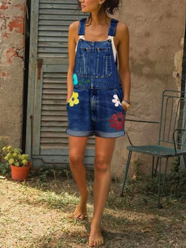 Denim Jumpsuit Shorts für Damen mit Modedruck