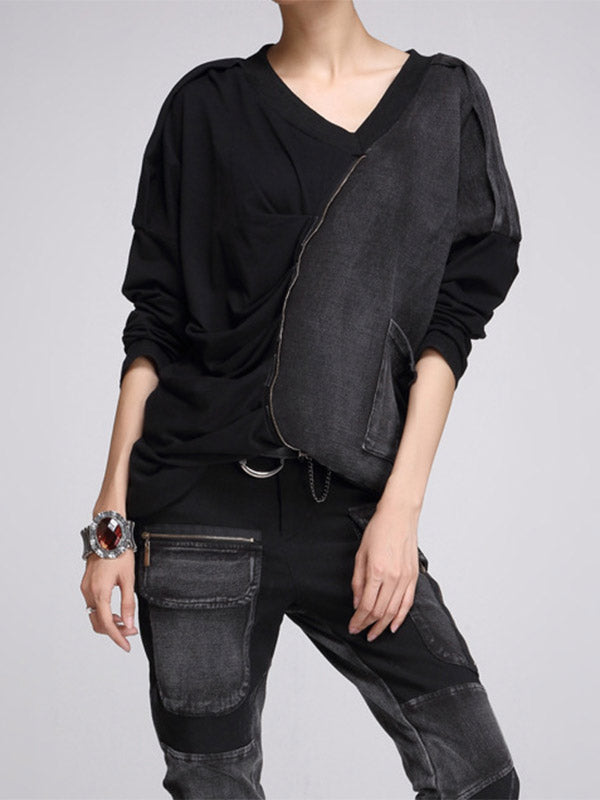 Camisa de manga larga con cuello en V para mujer