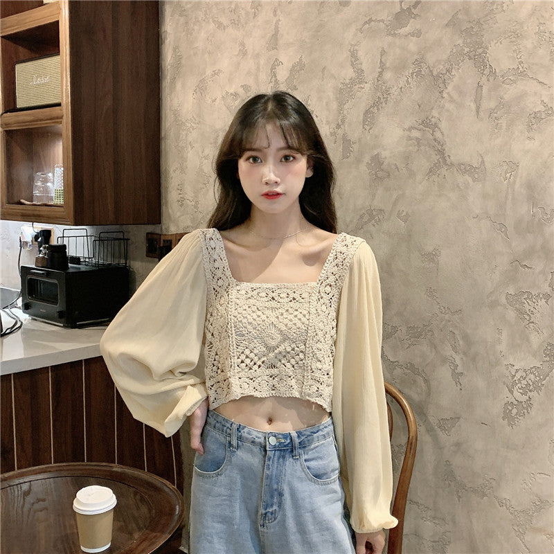 Real shot autumn retro French hollow loose short square collar puff sleeve stitching long sleeve lace shirt female f277