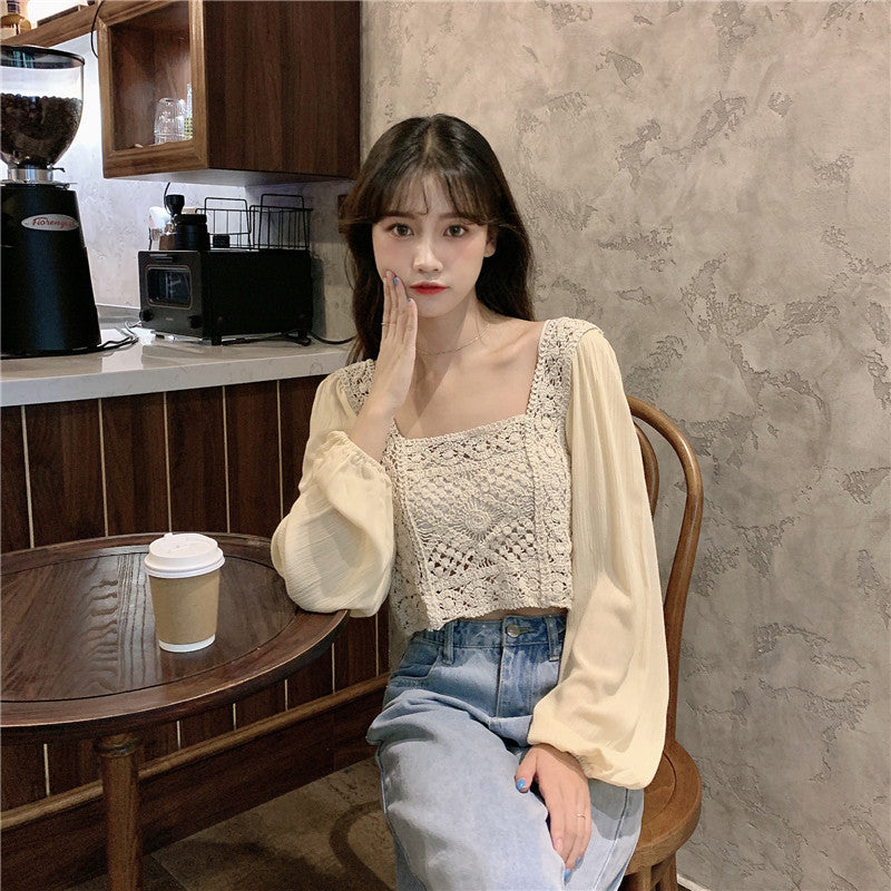 Real shot autumn retro French hollow loose short square collar puff sleeve stitching long sleeve lace shirt female f277