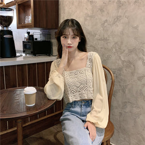 Real shot autumn retro French hollow loose short square collar puff sleeve stitching long sleeve lace shirt female f277