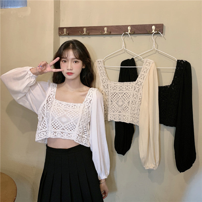 Real shot autumn retro French hollow loose short square collar puff sleeve stitching long sleeve lace shirt female f277