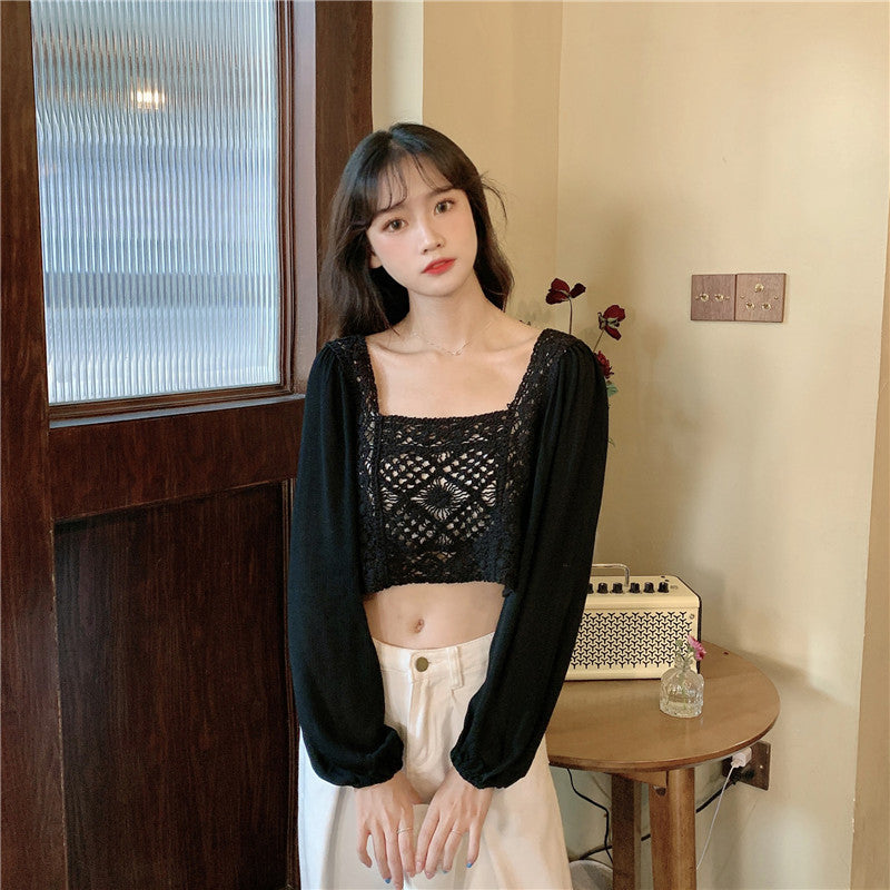 Real shot autumn retro French hollow loose short square collar puff sleeve stitching long sleeve lace shirt female f277