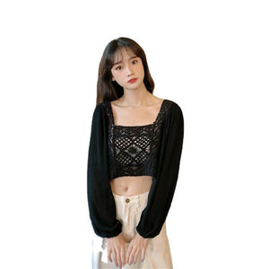 Real shot autumn retro French hollow loose short square collar puff sleeve stitching long sleeve lace shirt female f277