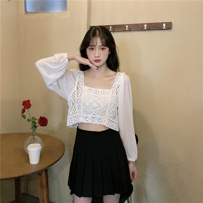 Real shot autumn retro French hollow loose short square collar puff sleeve stitching long sleeve lace shirt female f277