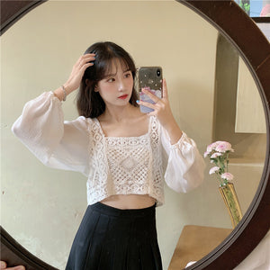 Real shot autumn retro French hollow loose short square collar puff sleeve stitching long sleeve lace shirt female f277