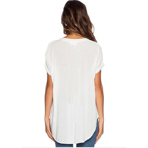 2020 verano moda europea y americana nuevas mujeres con cuello en V manga corta delantera corta espalda larga suelta camisa de gasa para mujer