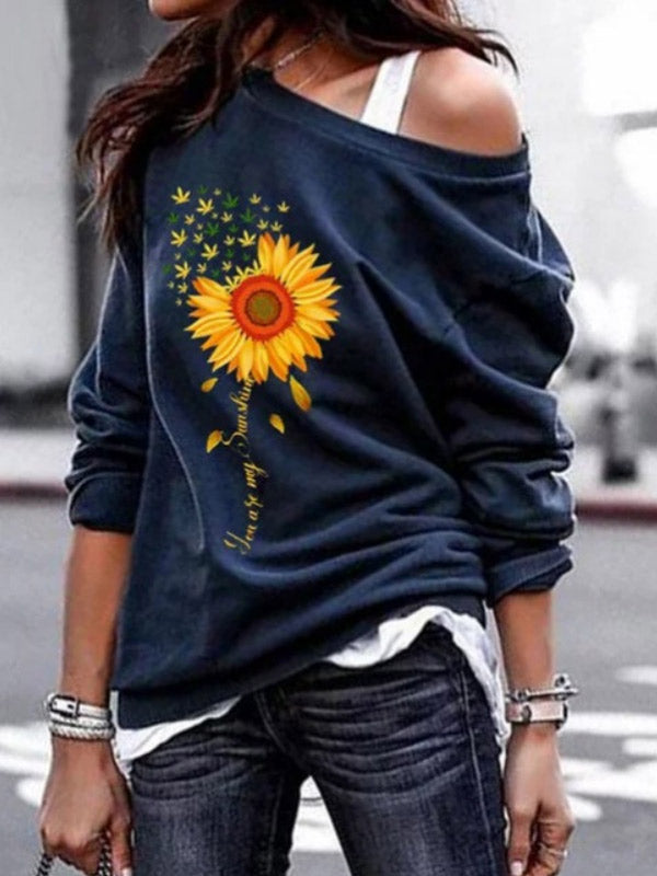 Wilder Sonnenblumen-Print-Rundhalspullover für Damen