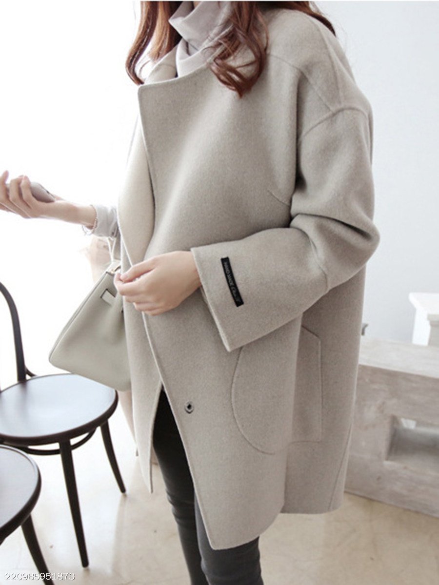 Lapel Patch Pocket Plain Woolen Coat