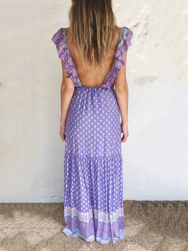 Rückenloses Boho-Maxikleid mit Rüschenärmeln