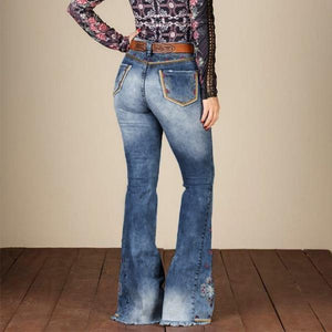 Jeans acampanados elásticos bordados, rotos, lavados y lavados