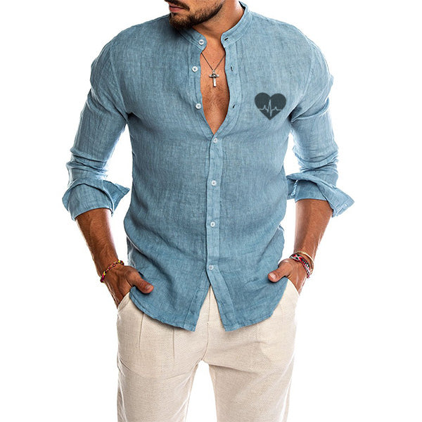 Herrenmode Love Print Langarmhemd aus Baumwolle und Leinen