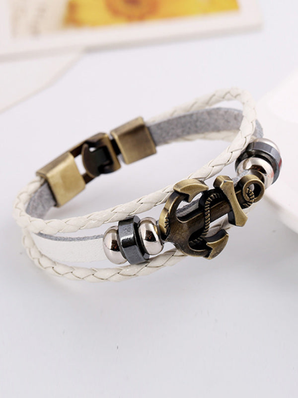 Pulsera tejida de cuero de vaca con ancla de aleación vintage para mujer