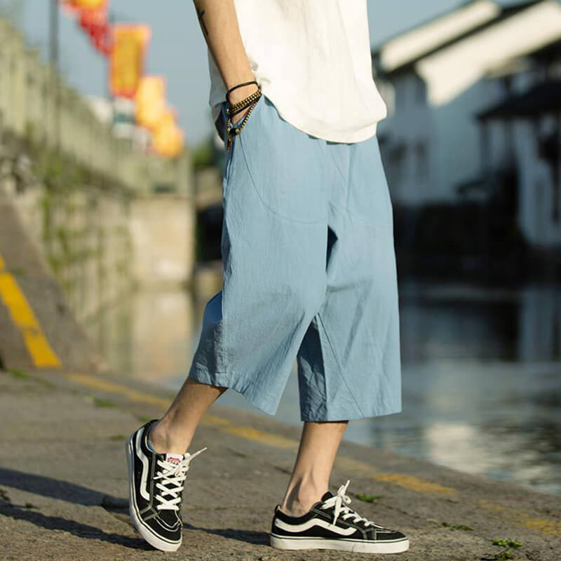 Pantalones de lino natural liso de verano para hombre