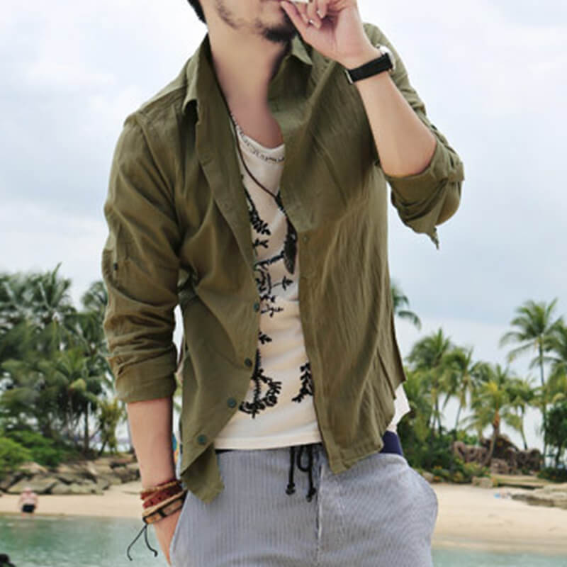 Stilvolles natürliches Langarm-Leinenhemd für Herren