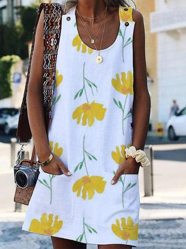 Einfarbig bedrucktes Knopfkleid aus Baumwolle und Leinen für Damen