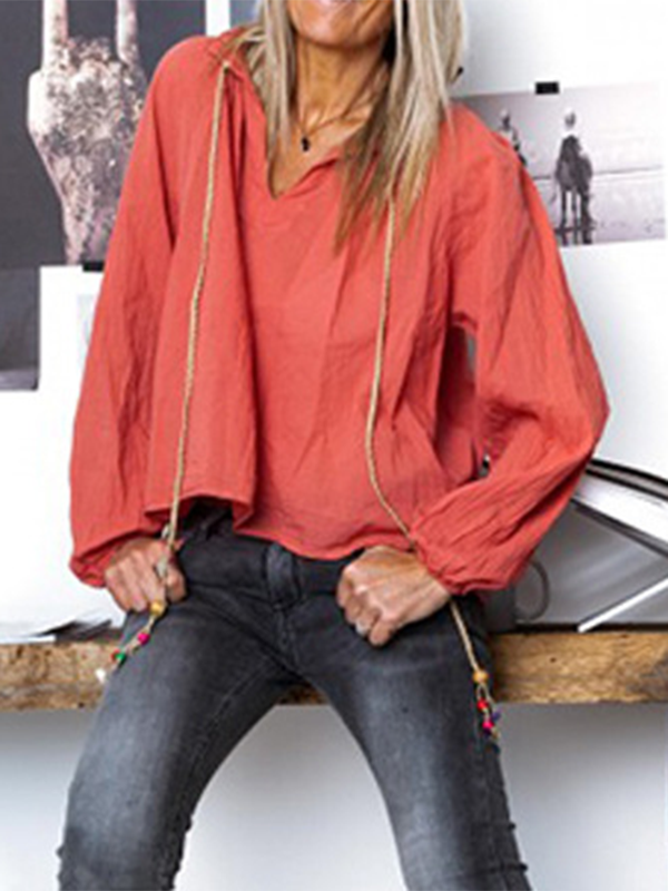 Camisa de manga larga de color puro con escote en V y camisa holgada