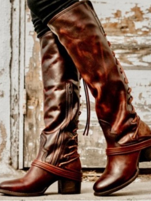 Damen Retro Rücken Schnürstiefel mit mittlerem Absatz über dem Knie