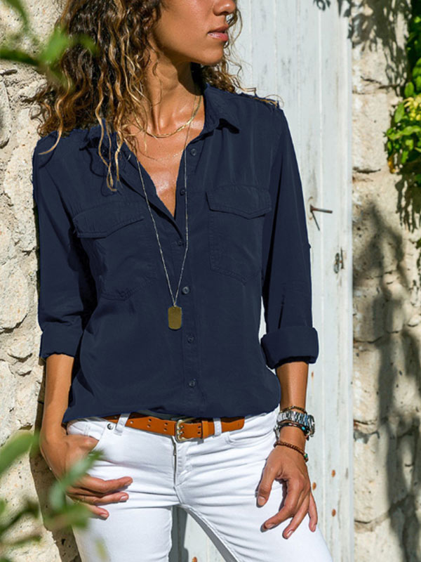 Camisa casual de manga larga y solapa firme para mujer.