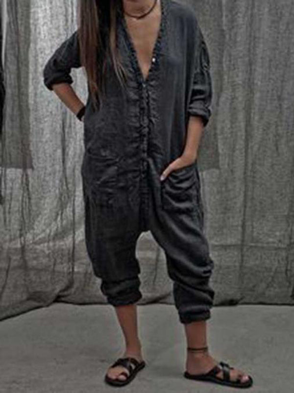 Traje casual de mujer en color liso con manga larga y cuello en V