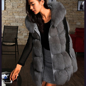 Solid Detachable Sleeve Hooded Fur Vest