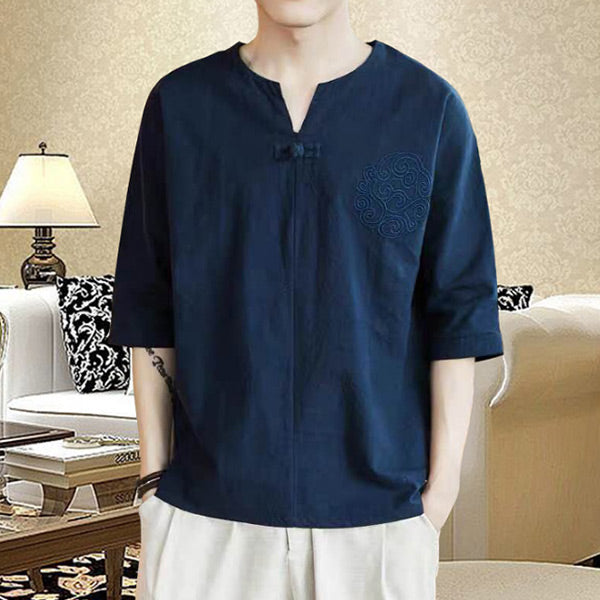 Camiseta con cuello de pico para hombre hecha de algodón y lino con cuello en V