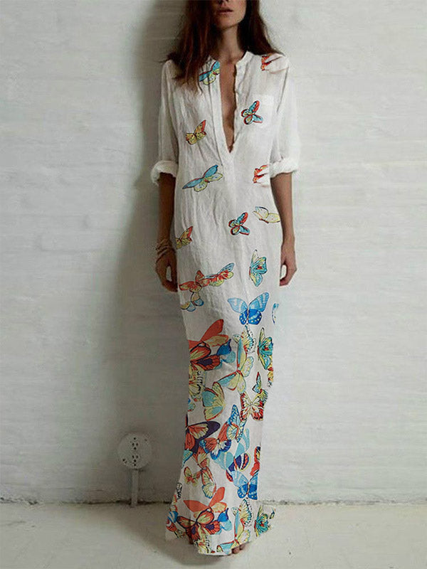 Damenkleid aus Baumwolle und Leinen mit tiefem V-Ausschnitt und Schmetterlingsdruck