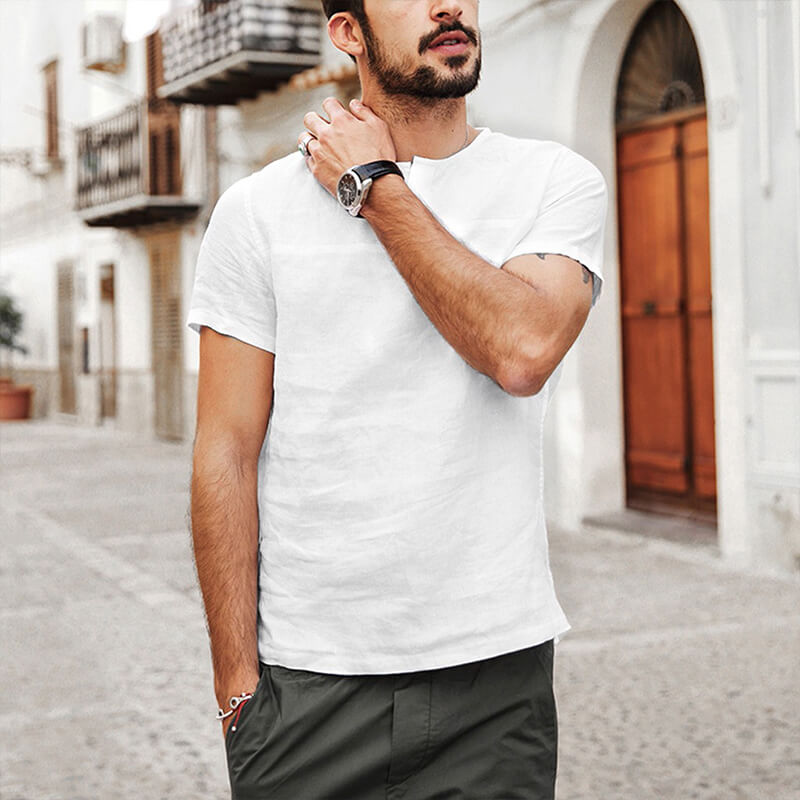 Camisa casual de lino y algodón de manga corta con cuello redondo para hombres