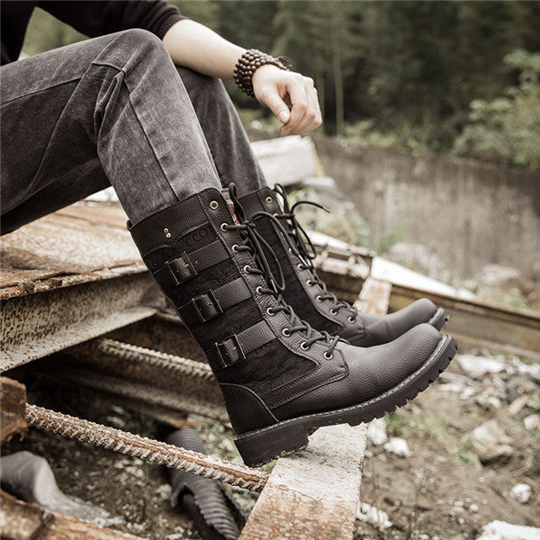 Round Head Knight Boots Belt Buckle High Tube Men&#39;s Boots