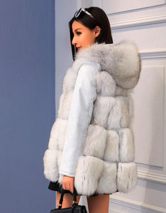 Solid Detachable Sleeve Hooded Fur Vest