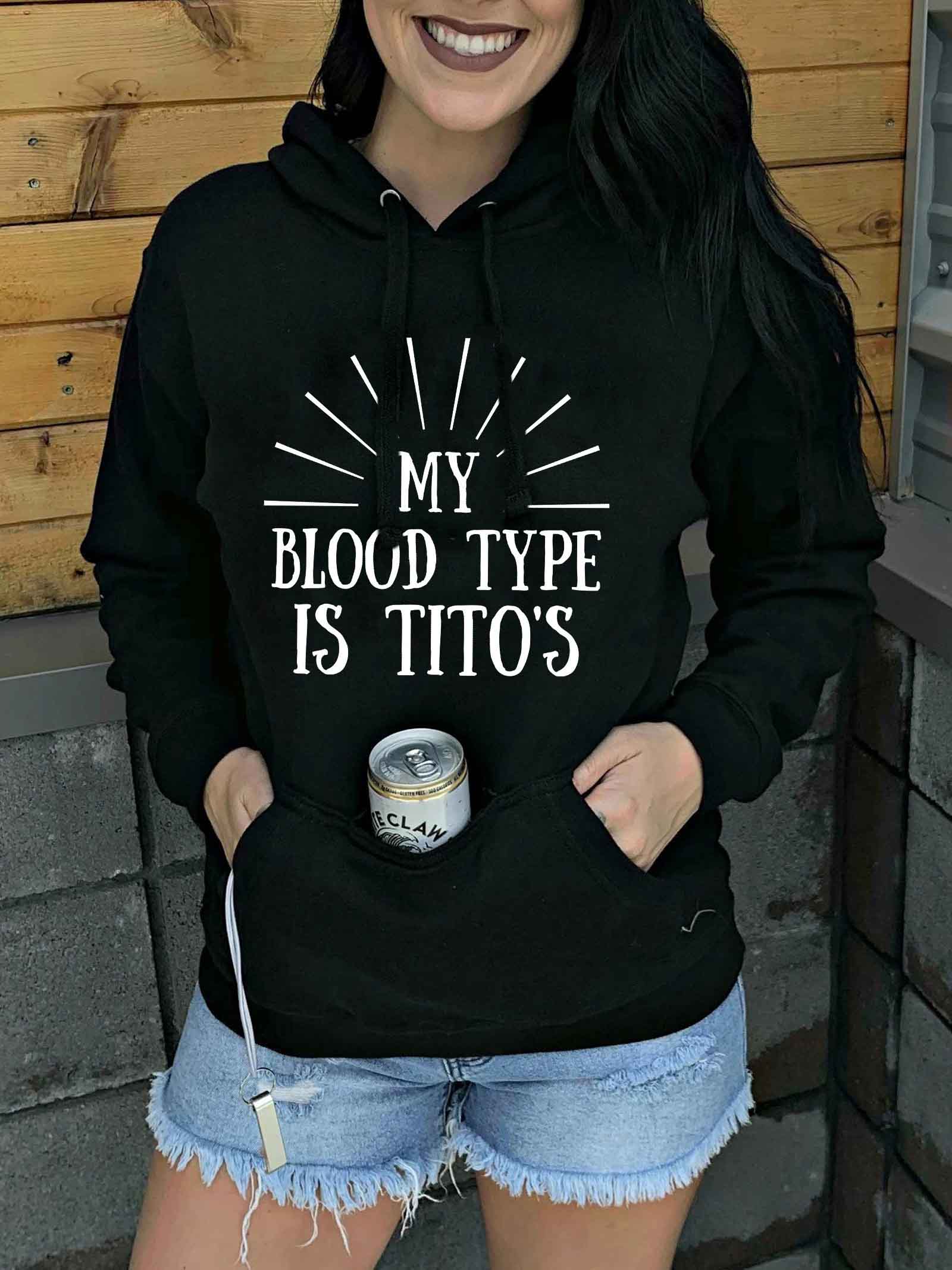 Mujer MY BLOOD TYPE IS TITOS Letter Sudadera con capucha de bolsillo