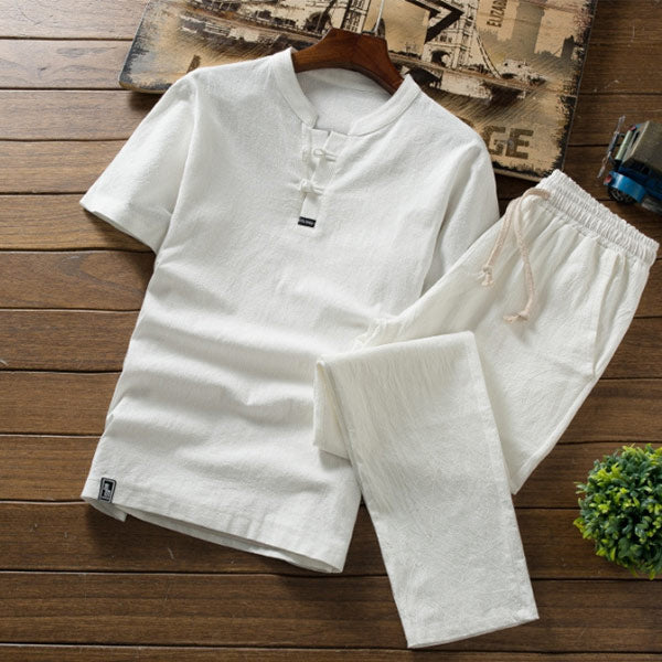 Einfarbiger Kurzarmhosenanzug aus Retro-Baumwolle und Leinen für Herren