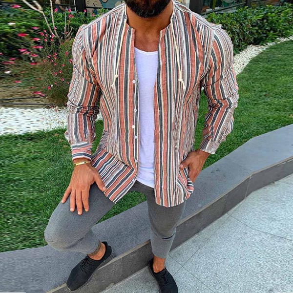 Camisa de lino cómoda a rayas para hombre