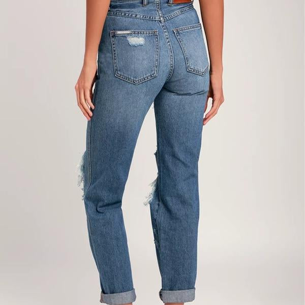 JEANS MAMÁ DE TALLE ALTO DESTRUIDOS CON LAVADO MEDIO