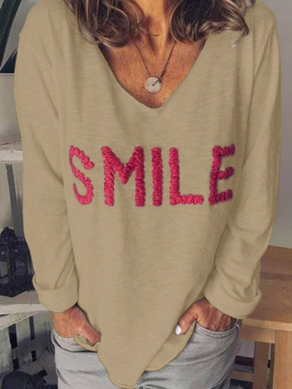 Camiseta de manga larga bordada SMILE Letter para mujer