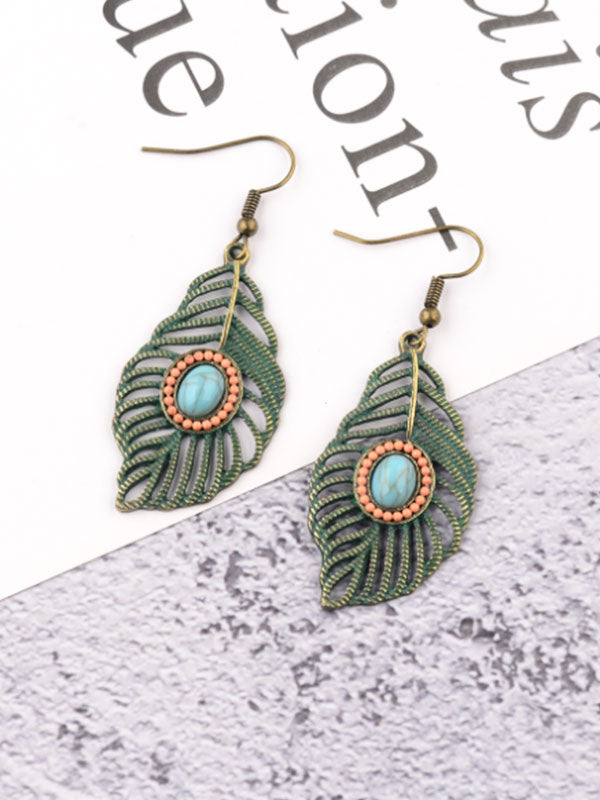 Pendientes turquesa de plumas de hoja hueca para mujer