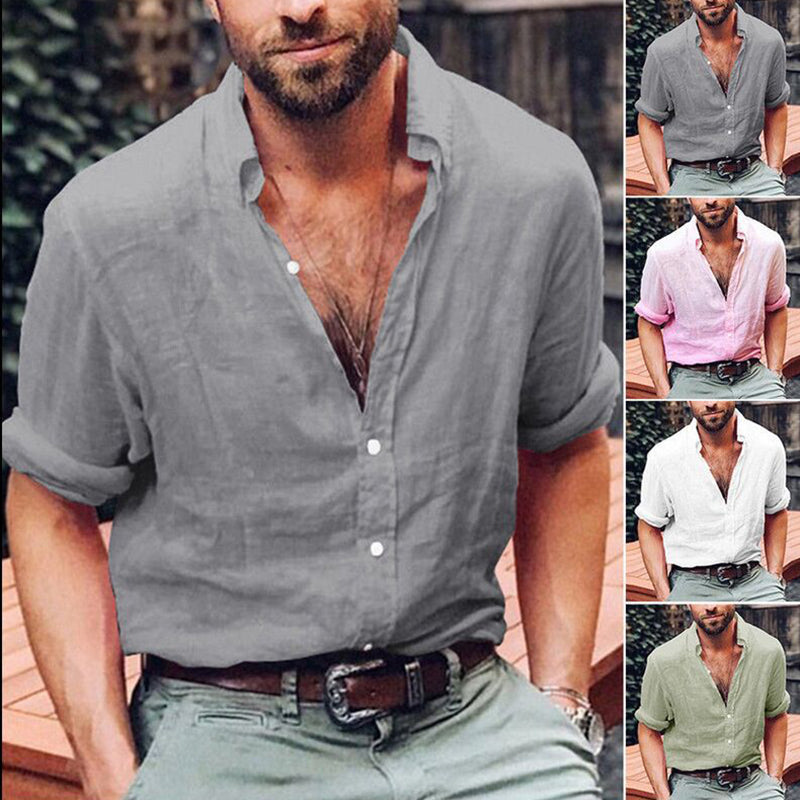 Kasdieniai vyriški lininiai marškiniai su V formos apykakle