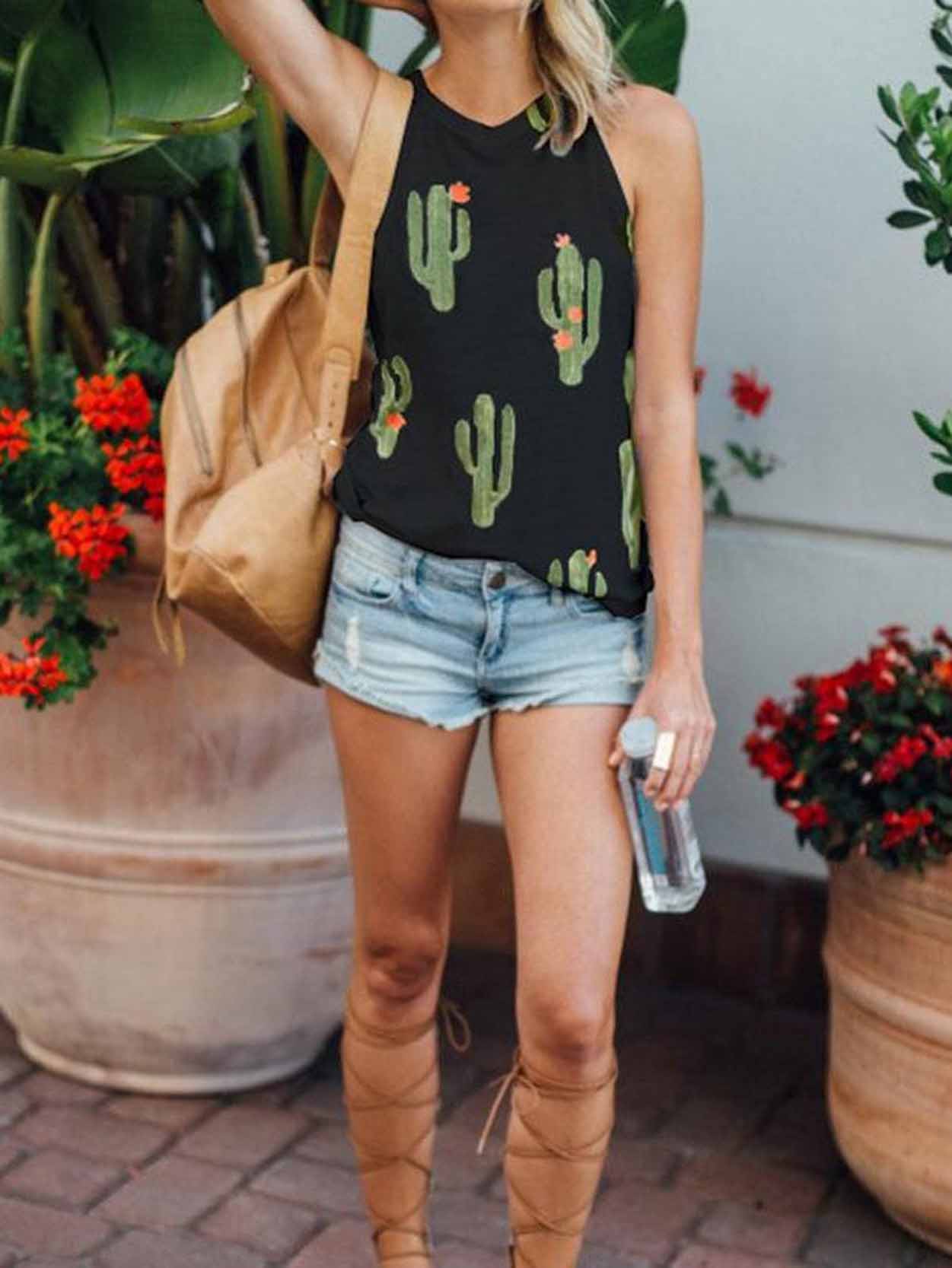 Chaleco casual con estampado de cactus sin mangas para mujer.