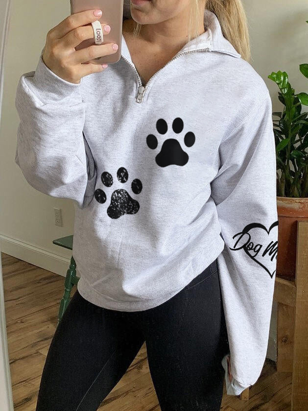 Frauen Liebe Hund Mutter Pfote Print Zip Top